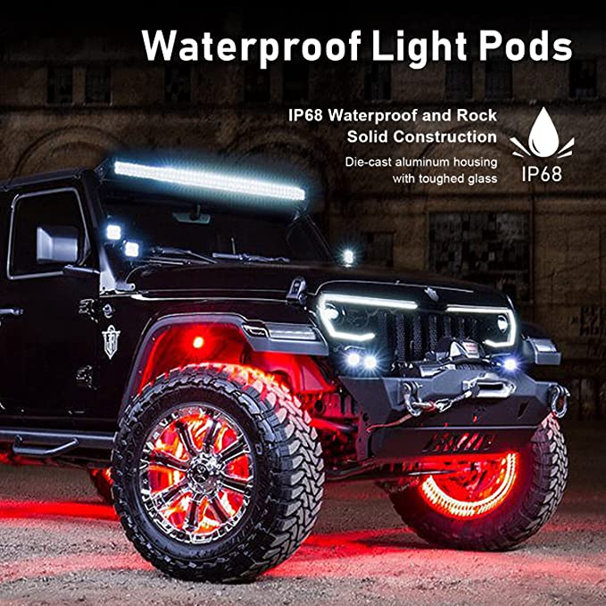 Xprite RGB Bluetooth Rock Lights Kit (8 PCS) - Multicolor Underglow, Wheel Well Lights For Trucks, UTV, ATV, SUVs